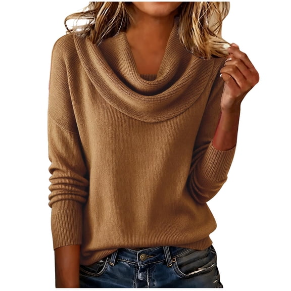 Cowl Neck Sweater for Women Fashion Casual Semi High Neck Solid Color Round-Neck Sweater Knit Winter Casual Loose Sweaters Long Sleeve Trendy Pullover
