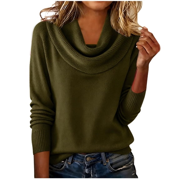 Cowl Neck Sweater for Women Fashion Casual Semi High Neck Solid Color Round-Neck Sweater Knit Winter Casual Loose Sweaters Long Sleeve Trendy Pullover