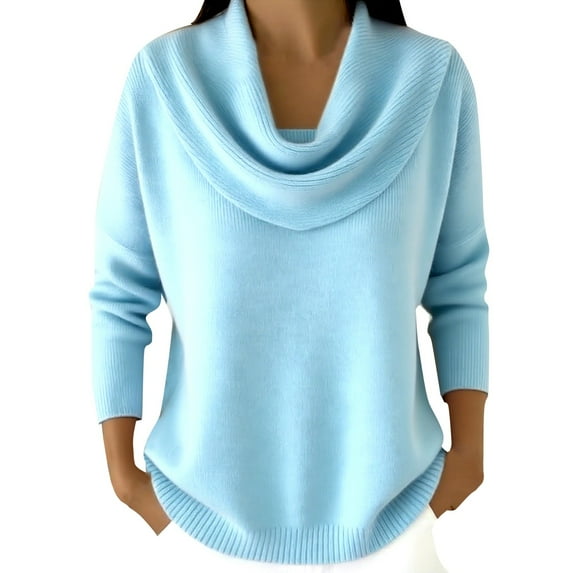 Cowl Neck Sweater for Women, Yigetop Women's Elegant Casual Sweater Knit Winter Clothes Stylish Long Sleeve Cowl Collar Sweater Pullover Womens Fall Sweaters 2025, Light Blue 2XL