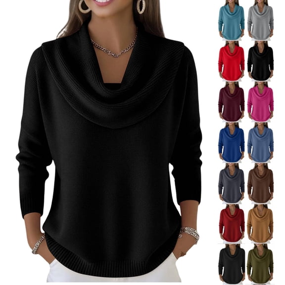 Cowl Neck Sweater for Women Cozy Loose Knit Pullover Long Sleeve Casual Trendy Tops Fall Winter Black L