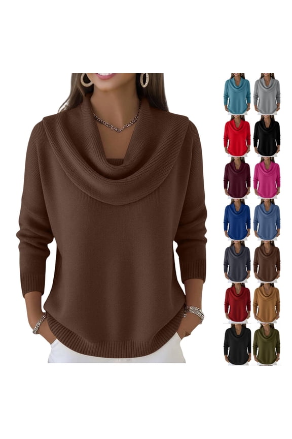 Cowl Neck Sweater for Women Cozy Loose Knit Pullover Long Sleeve Casual Trendy Tops Fall Winter Brown XL