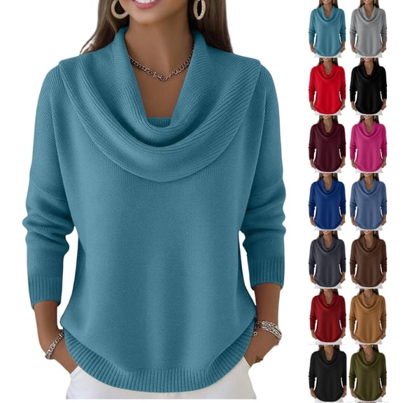 Cowl Neck Sweater for Women Cozy Loose Knit Pullover Long Sleeve Casual Trendy Tops Fall Winter Light Blue M