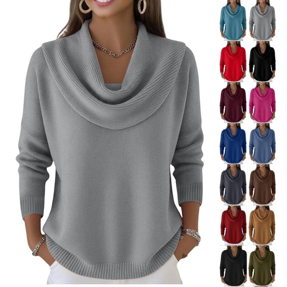 Cowl Neck Sweater for Women Cozy Loose Knit Pullover Long Sleeve Casual Trendy Tops Fall Winter Light Gray XXL