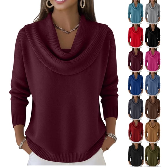 Cowl Neck Sweater for Women Cozy Loose Knit Pullover Long Sleeve Casual Trendy Tops Fall Winter Wine XXL