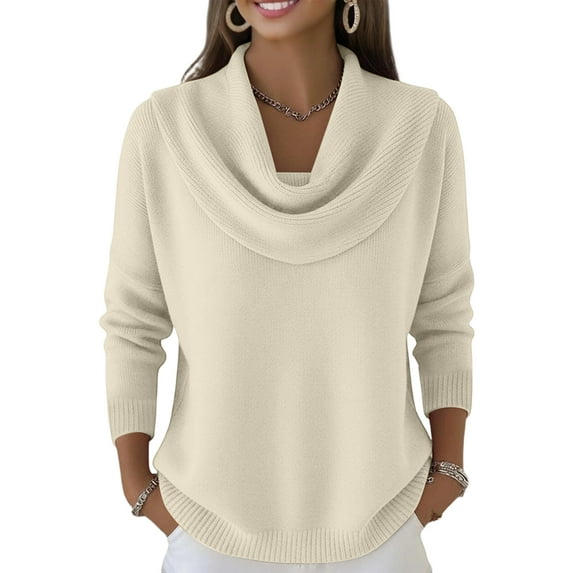 Cozy Sweaters for Women Knitted Casual Loose Pullover Fashion Cowl Neck Long Sleeve Fall Winter Clothes Trendy Tops Beige M