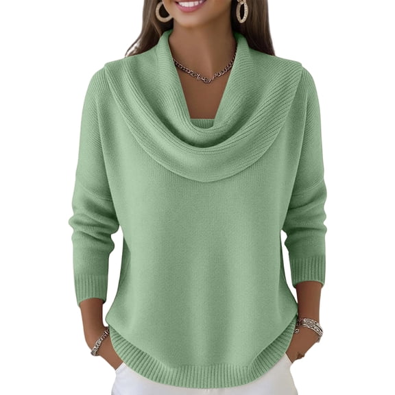 Cowl Neck Sweater for Women Long Sleeve Knit Dressy Casual Loose Cute Pullover Trendy Vintage Warm Soft Cozy Tops Green M