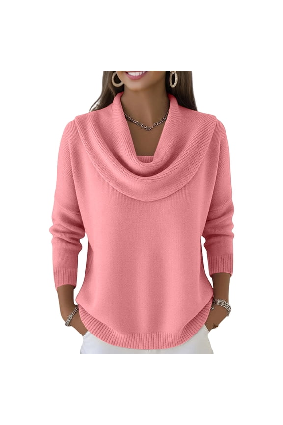 Cowl Neck Sweater for Women Long Sleeve Knit Dressy Casual Loose Cute Pullover Trendy Vintage Warm Soft Cozy Tops Watermelon Red S