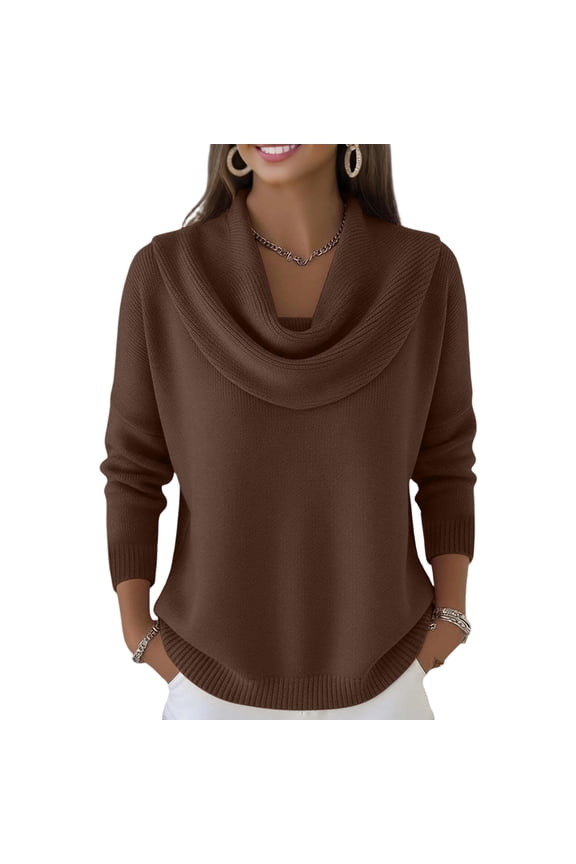 Cowl Neck Sweater for Women Long Sleeve Knit Dressy Casual Loose Cute Sweaters Trendy Vintage Warm Soft Cozy Sweaters Brown 2XL