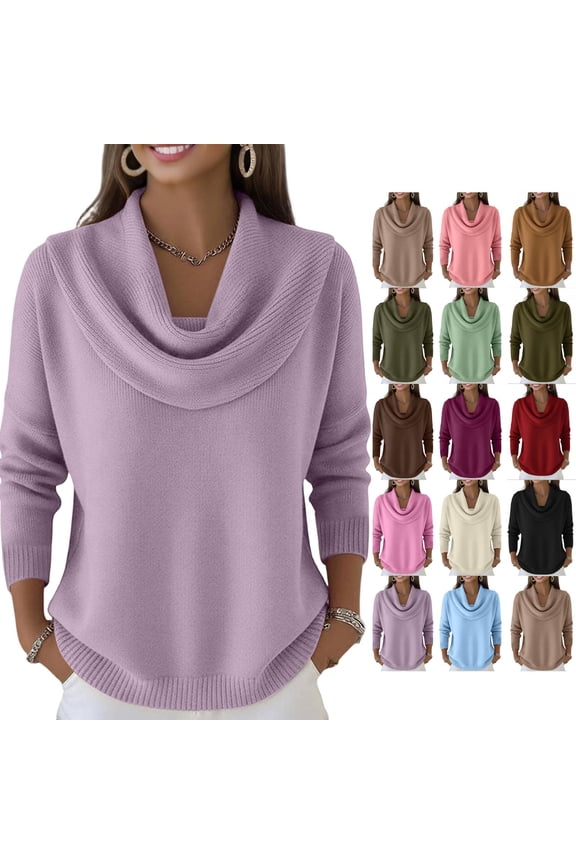 Cowl Neck Sweater for Women Oversized Soft Knit Long Sleeve Casual Pullover Winter Top Light Purple XL