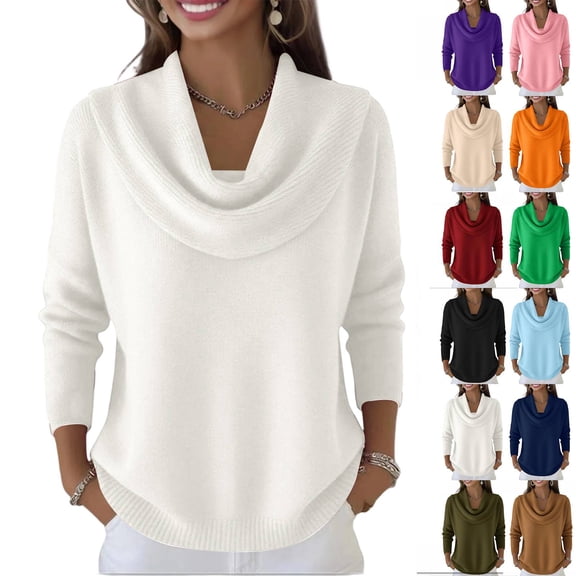 Cowl Neck Sweaters for Women Long Sleeve Knit Pullover Cozy Loose Fall Winter White 2XL