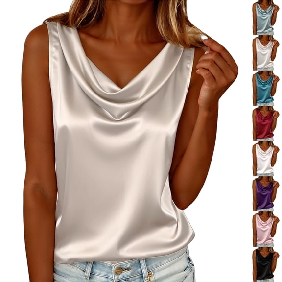 Cowl Neck Tank Tops for Women Satin Loose Fit Sleeveless Top Summer Clothes Casual T-Shirt for date night, #02 Beige M