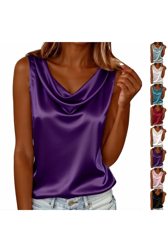Cowl Neck Tank Tops for Women Satin Loose Fit Sleeveless Top Summer Clothes Casual T-Shirt for date night, #02 Purple L