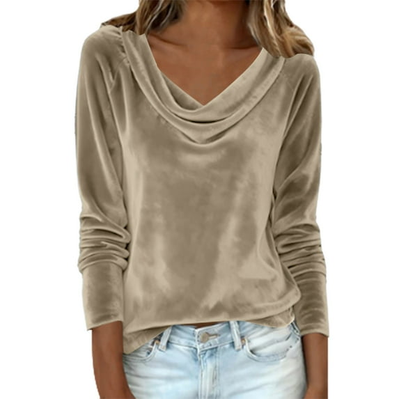 Cowl Neck Tops for Women, Yigetop Velvet Shirts for Women Cowl Neck Pleated Tops Elegant 2025 Fall Ruched Long Sleeve Blouse Ladies Tops and Blouses Beige 2XL