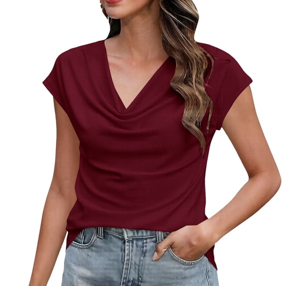 Cowl Neck Tops for Women 2026 Summer Womens Tops Casual Business Blouses Short Sleeve Loose Fit Spring Outfits by Yigetop Wine L