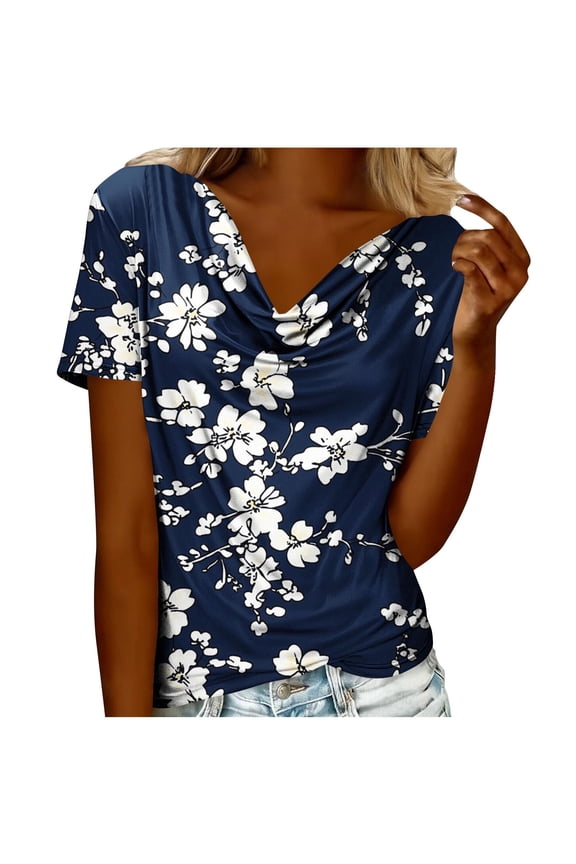 Cowl Neck Tops for Women Boho Floral Print Short Sleeve Tee Shirts Casual Classic Fit Blouses for Daily Wear