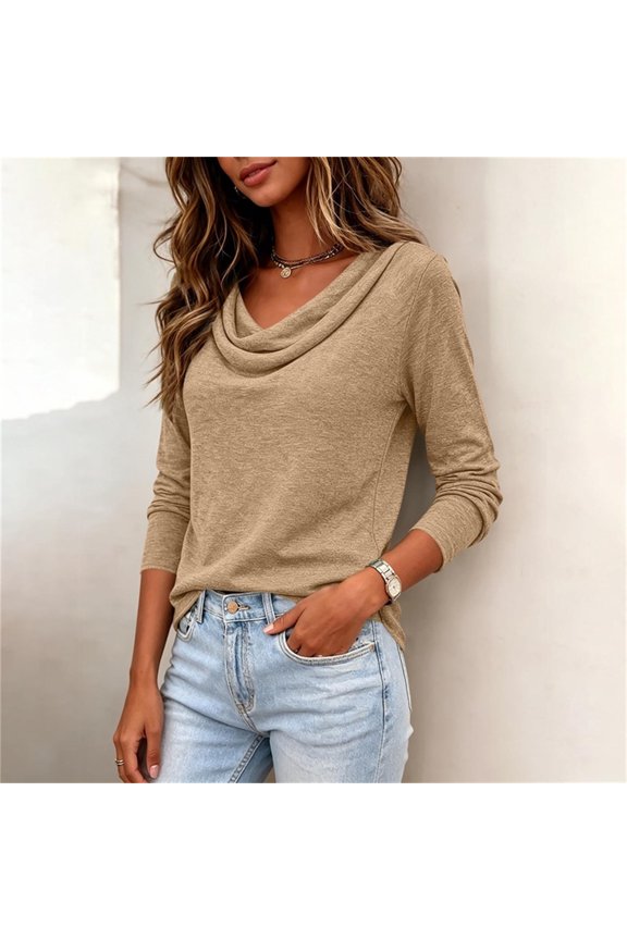 Cowl Neck Tops for Women Soft Knit Long Sleeve Casual Blouse Smart Casual Everyday Shirts for Trendy Coat or Alone Khaki S