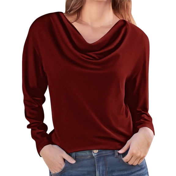 Cowl Neck Tops for Women, Yigetop Women's Long Sleeved Fashion Printed Tops Piled Collar T Shirt Women's Shirt Womens Work Tops Brick Red 3XL
