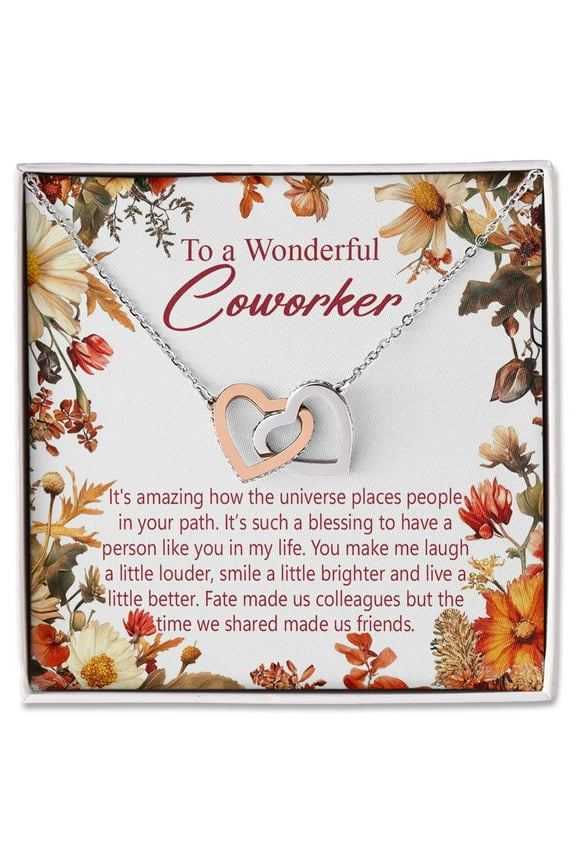 Coworker Necklace Gift – Interlocking Hearts Jewelry with Appreciation Card, Friendship Gift for Colleague, Farewell, Office Party, Work Anniversary, Retirement or Birthday Keepsake