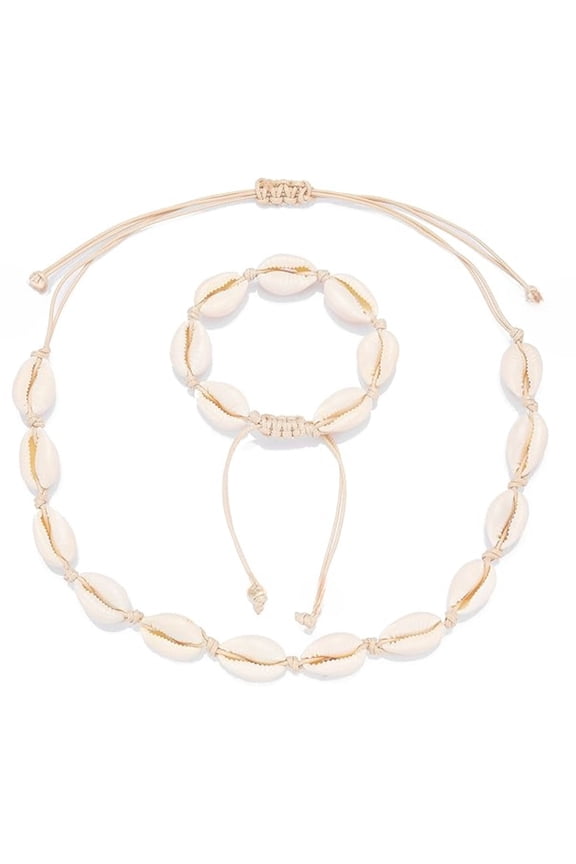 Cowrie Shell Necklace Seashell Bracelet 2pcs Set Adjustable Beach Accessories