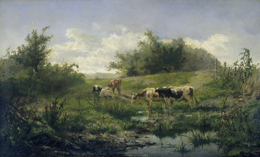 Cows At A Pond Canvas Art - (24 x 18)