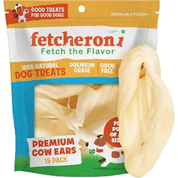 FETCHERONI Whole Cow Ears for Dogs - Single Ingredient and Grass-Fed Cow Ears Treat - Dehydrated Thick Cut Dog Chews for Puppies or Large Breed, Not Bleached and Contains No Preservatives, Pack of 15