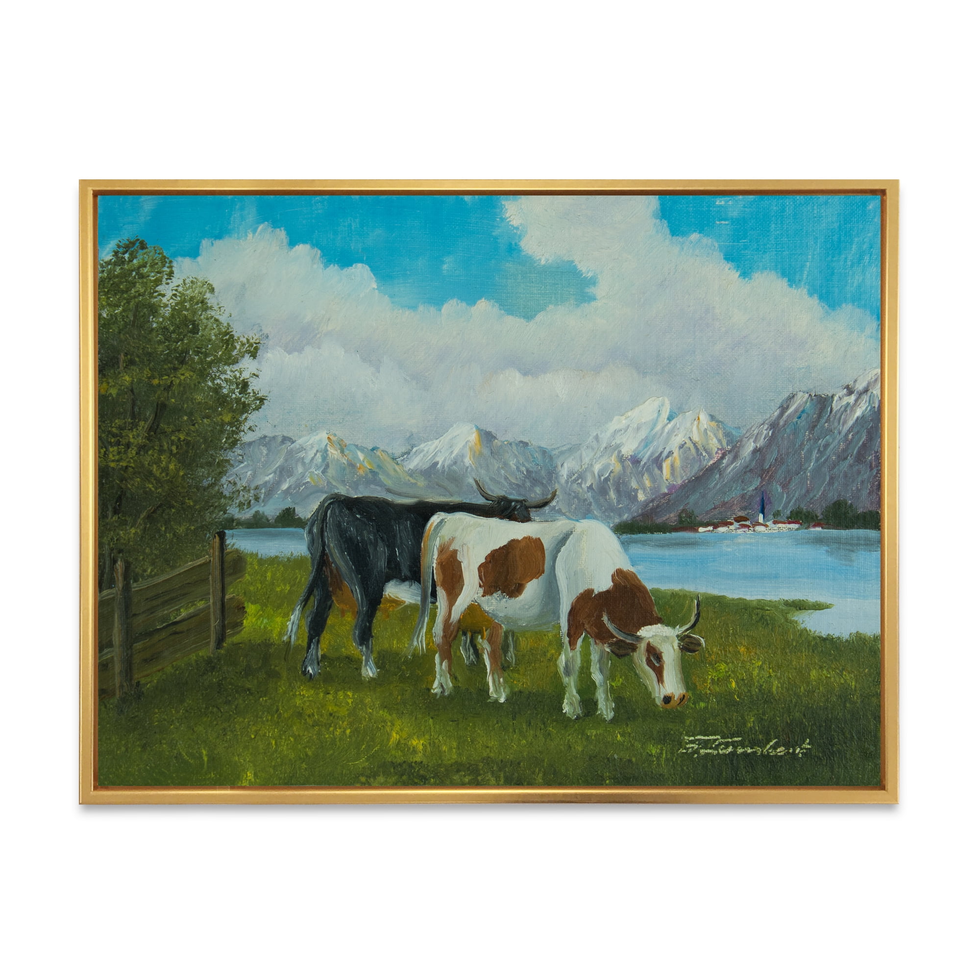 Cows Eating Grass In Front Of A Lake 32 in x 24 in Framed Painting Canvas Art Print, by Designart