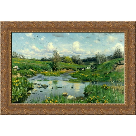 Cows Grazing 24x19 Gold Ornate Wood Framed Canvas Art by Monsted, Peder Mork