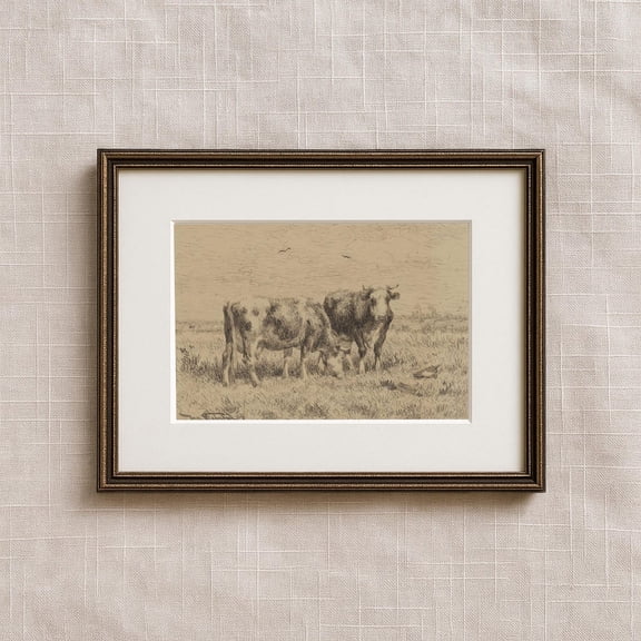 Cows Grazing Sketch Vintage Western Wall Art Farmhouse Decor Country Landscape Still Life Farm Landscape Rustic Country