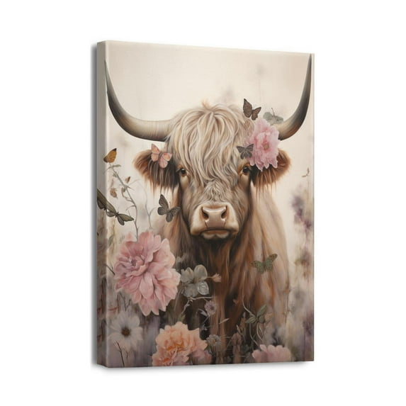 Cows Highland Cow Wall Art Highland Cattle Cute Cow Stylish Flower Crowned Highland Cattle Canvas Painting Wall Decor Modern Framed Artwork Home Decor for Bathroom Bedroom Living Room 16"x13"