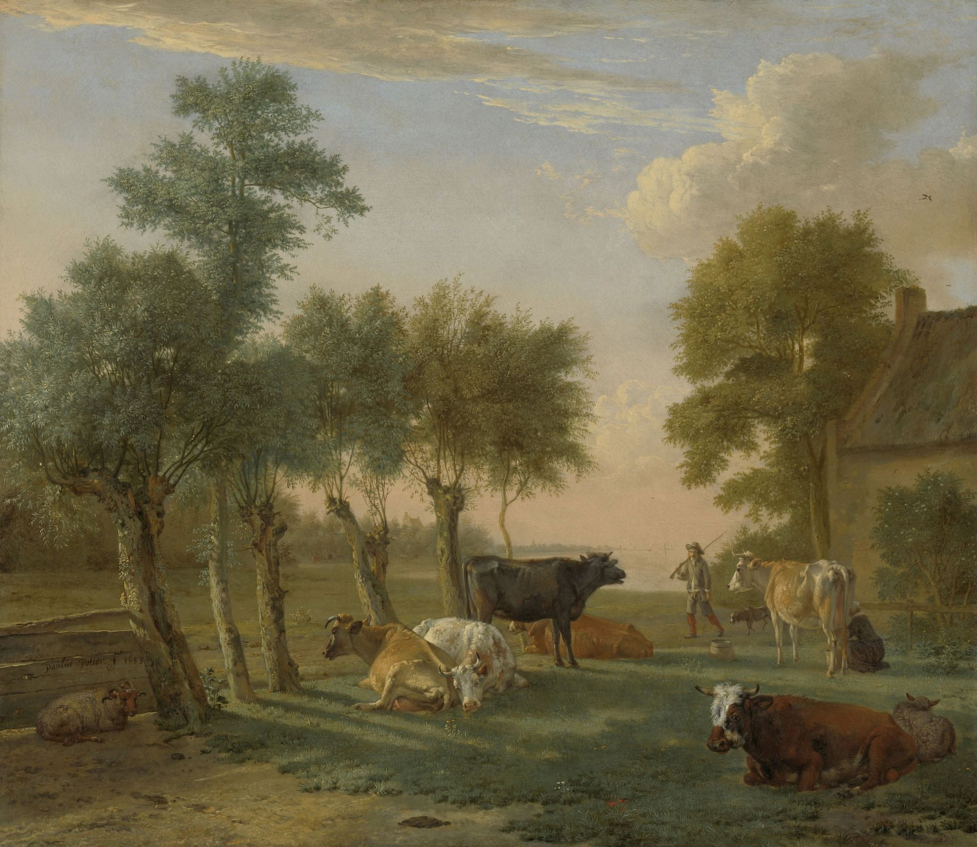 Cows In A Meadow Near A Farm Canvas Art - (36 x 24)