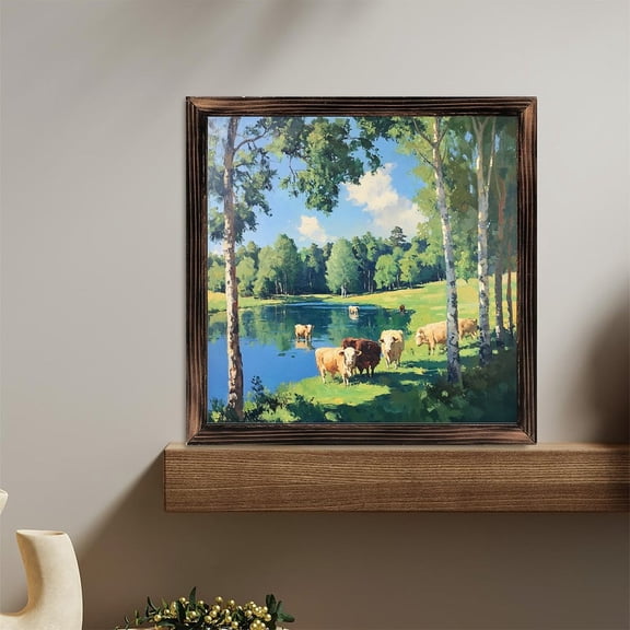 Cows By Lakeside Trees Wooden Sign Wall Plaque - Vintage Art Decoration, Wall Decoration - Ideal Gift For Home Decoration, Living Room, Bathroom, Bedroom, Garden, Dining, Bar, Cafe, Festival Party
