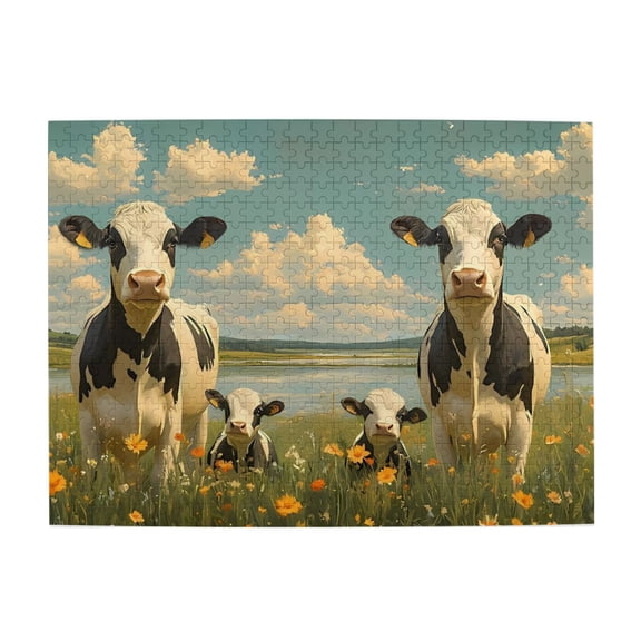 Cows Meadow Sky Flowers 500-Piece Wooden Jigsaw Puzzle for Adults, Fun & Challenging Family Game, Stylish Wall Decor & Holiday Gift