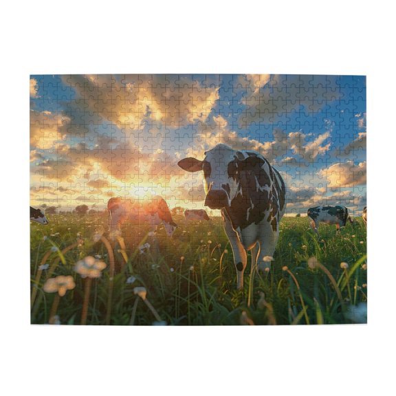Cows Meadow Sunrise Sky Cloud 500-Piece Wooden Jigsaw Puzzle for Adults, Fun & Challenging Family Brain-Teaser, Perfect Home Decor & Gift