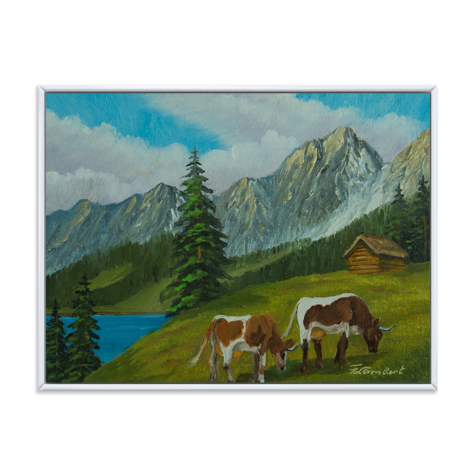 Cows On A Green Meadow With Mountain Landscape With 40 in x 30 in Framed Painting Canvas Art Print, by Designart