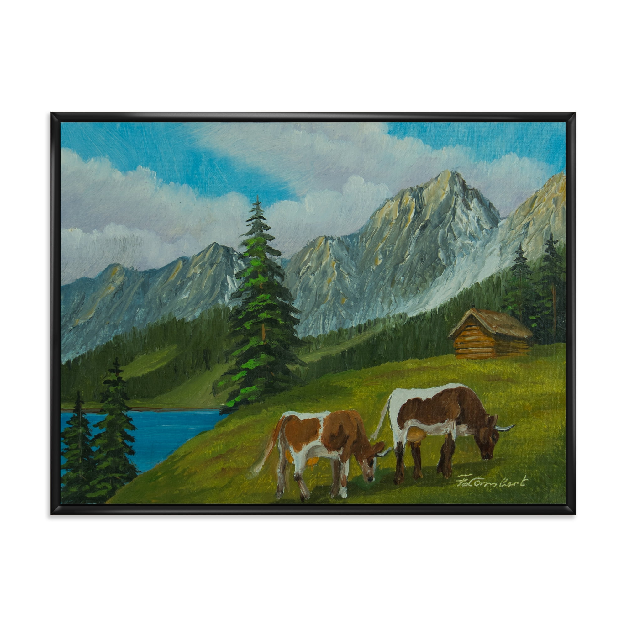 Cows On A Green Meadow With Mountain Landscape With 40 in x 30 in Framed Painting Canvas Art Print, by Designart