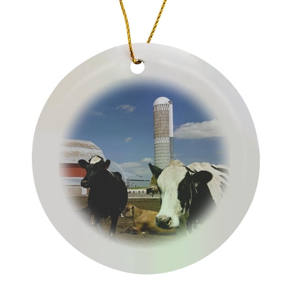 3drose, Cows, Red Barn, Silo, Farm, Wisconsin - Us50 Dfr0047 - David R. Frazier, Circle Porcelain Ornament