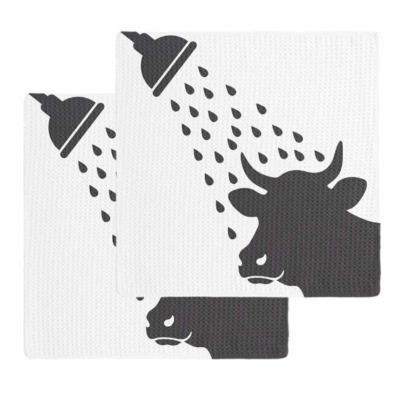 Cows Showering Kitchen Dish Towels for Drying Dishes Set of 2, Modern Abstract Art Funny Animals Waffle Weave Microfiber Hand Tea Bathroom Towels Quick Dry & Absorbent Towel 12x12