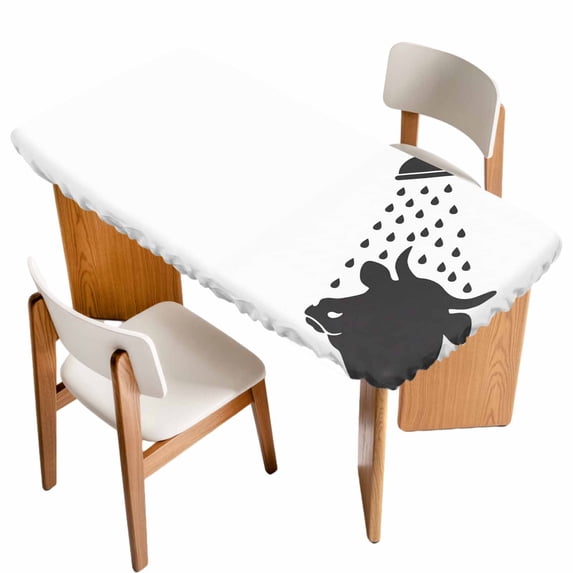 Cows Showering Table Cloths for 3 Foot Rectangle Tables, Modern Abstract Art Funny Animals Patio Waterproof Elastic Fitted Tablecloths, Washable Rectangular Table Cover for Camping