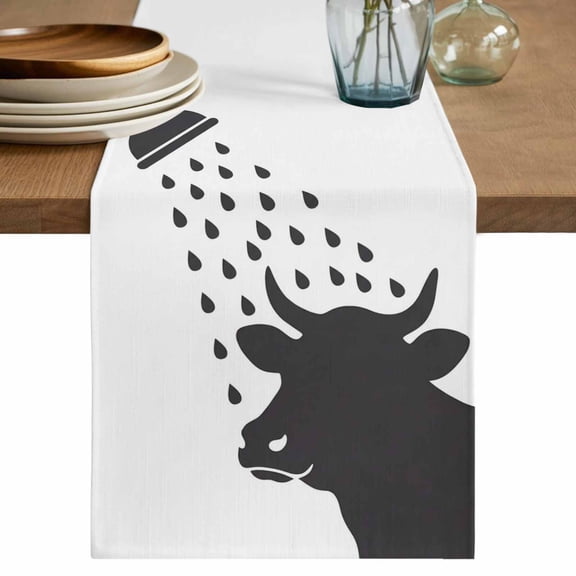 Cows Showering Table Runner, Modern Abstract Art Funny Animals Washable Cotton Linen Table Runners 36 Inches Long, Dresser Scarf Runner for Nightstand/End Tables/Round Tables 13''x36''