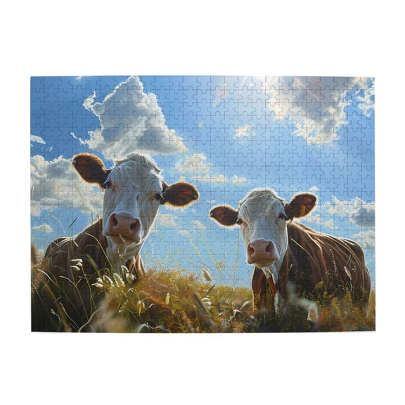 Cows Sky Grass Sunlight Meadow 500-Piece Wooden Jigsaw Puzzle for Adults, Fun & Challenging Family Game, Stylish Wall Decor & Holiday Gift