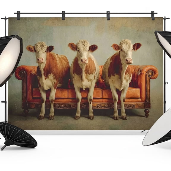 Cows on Sofa Backdrops for Photography, Funny Animal Pattern Farmhouse Humor Fabric Photo Background Sturdy Studio Props for Photo Studio, Video Recording, Booth & Photoshoot 7x5ft