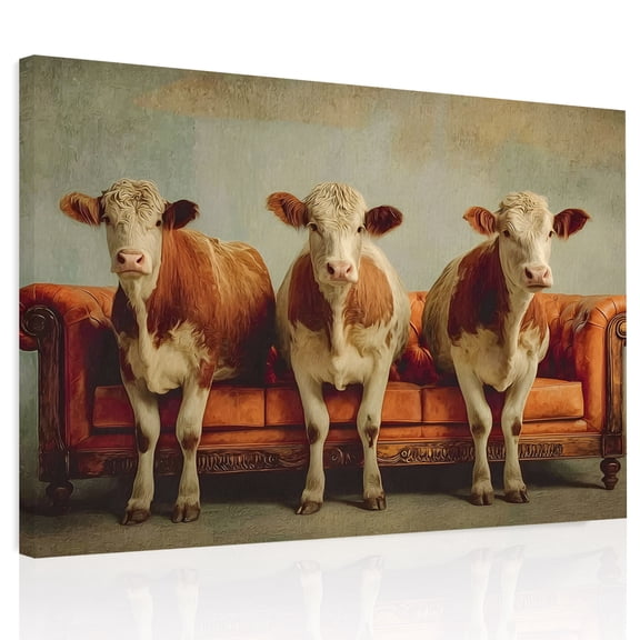 Cows on Sofa Canvas Print Wall Art, Funny Animal Farmhouse Humor Wall Decor Modern Artwork Paintings Pictures for Living Room Framed and Stretched Ready to Hang 12" x 16"