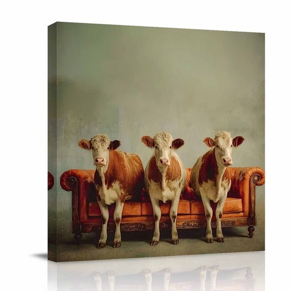 Cows on Sofa Canvas Wall Art for Living Room, Funny Animal Farmhouse Humor Poster Print Painting for Bedroom Office Home Decoration Wall Pictures Prepare To Hang 10"x10"