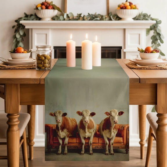 Cows on Sofa Table Runner 13x36 Inch Funny Animal Farmhouse Humor Cotton Linen Dining Table Runner Ideal for Dresser Kitchen Coffee Tables - Machine Washable