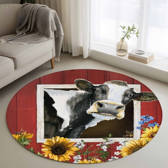 Cows Sunflowers 3ft Area Rug, Spring Botanical Floral Bees Red Barn Washable Non-Slip Small Round Rugs for Entryway Bedroom Kitchen, Soft Circle Carpet for Dining Room, Playroom Nursery Rug