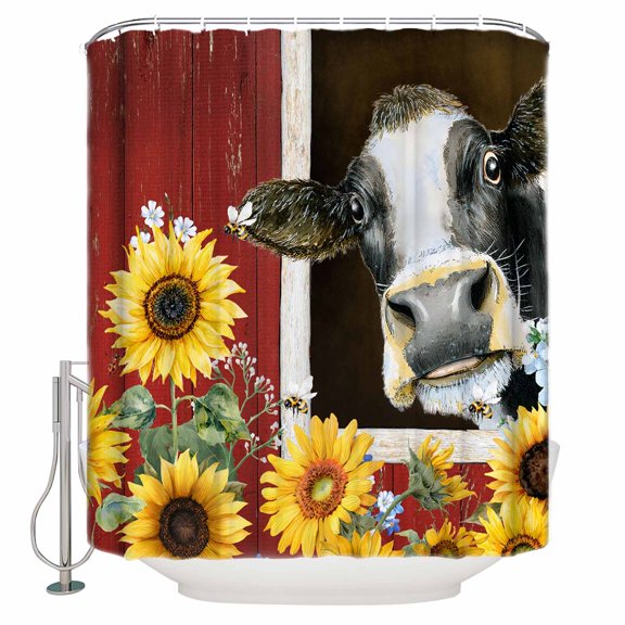 Cows Sunflowers Bathroom Shower Curtains with 12 Hooks Waterproof Shower Curtain for Stalls and Bathtubs Rustic Farms Barns Flowers Bees Animals Decorative Bathroom Privacy Curtain 72x72 Inches