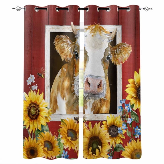Cows Sunflowers Blackout Curtains for Bedroom, Spring Floral Bees Farmhouse Barn Thermal Insulated Kitchen Drapes with Grommets, Light Blocking Window Treatment, 2 Panels 52" x 84"