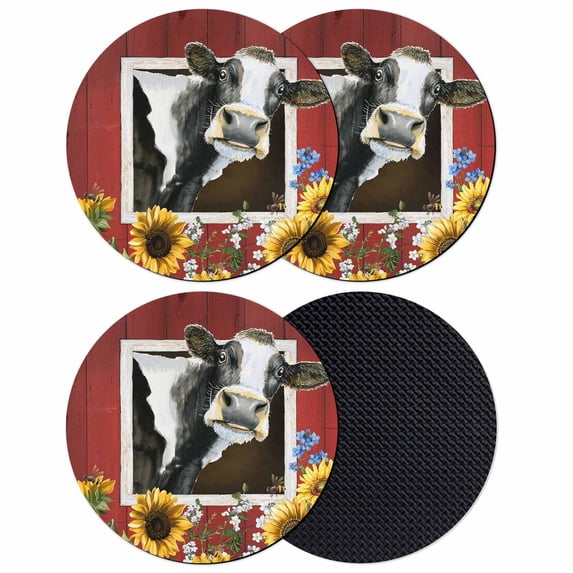 Cows Sunflowers Coasters Set of 4, Absorbent Coasters for Drinks, Spring Botanical Floral Bees Red Barn Coaster for Desk Coffee Table Protection, Home Decor House Warming Gifts 4"