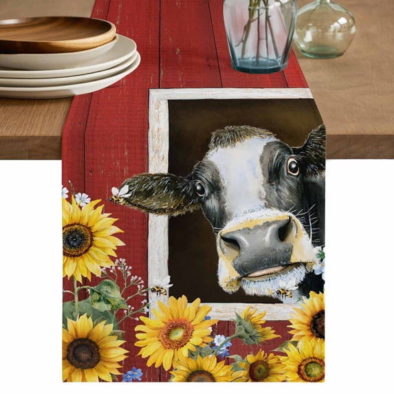 Cows Sunflowers Cotton Linen Table Runner for Dining Kitchen, Rustic Farms Barns Flowers Bees Animals Wedding Outdoor Party Tablerunners, Dresser Scarf Coffee Tablecloth Runners 13x36 Inches