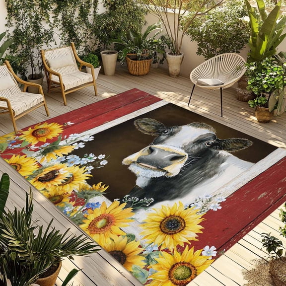 Cows Sunflowers Outdoor Rug 5x7 Ft - Reversible Patio Rug Outdoor Camping Rugs, Rustic Farms Barns Flowers Bees Animals Indoor Outdoor Area Rugs, Non-Slip Outdoor Carpet Runner for Deck/Porch
